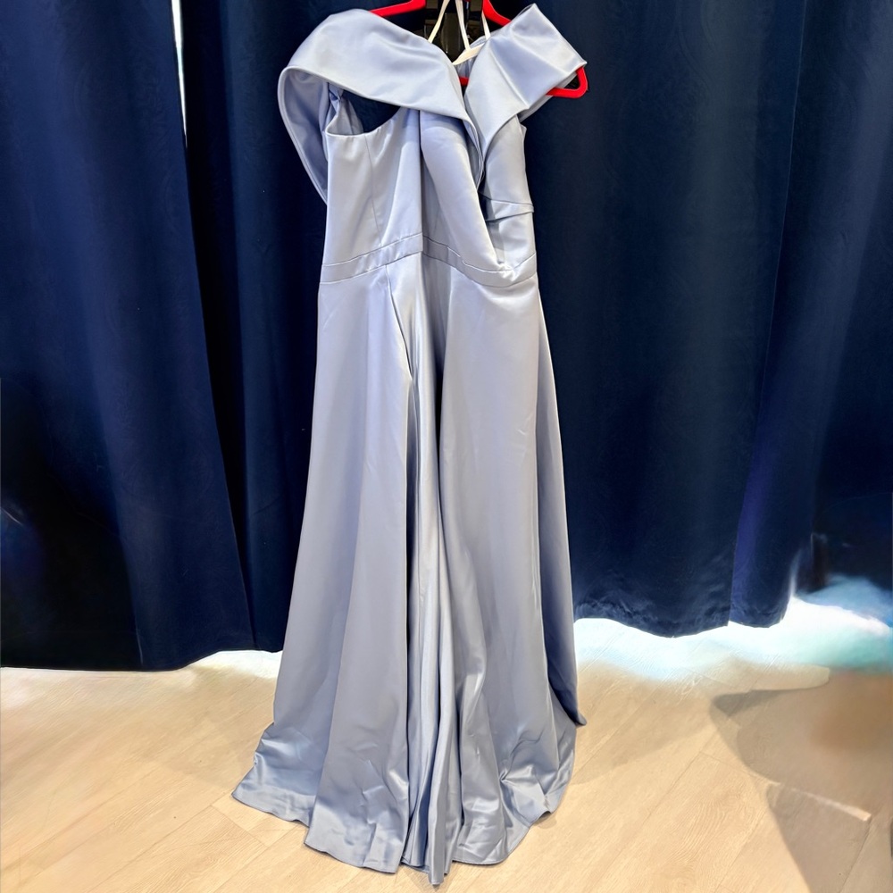 Xscape Women's Satin Off Shoulder Dress in Light Blue - Picture 3 of 9